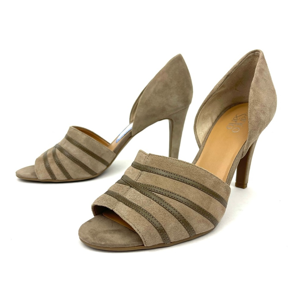 Franco Sarto Women’s Emelia Beige Leather Open Toe Pumps 3.5” Heel